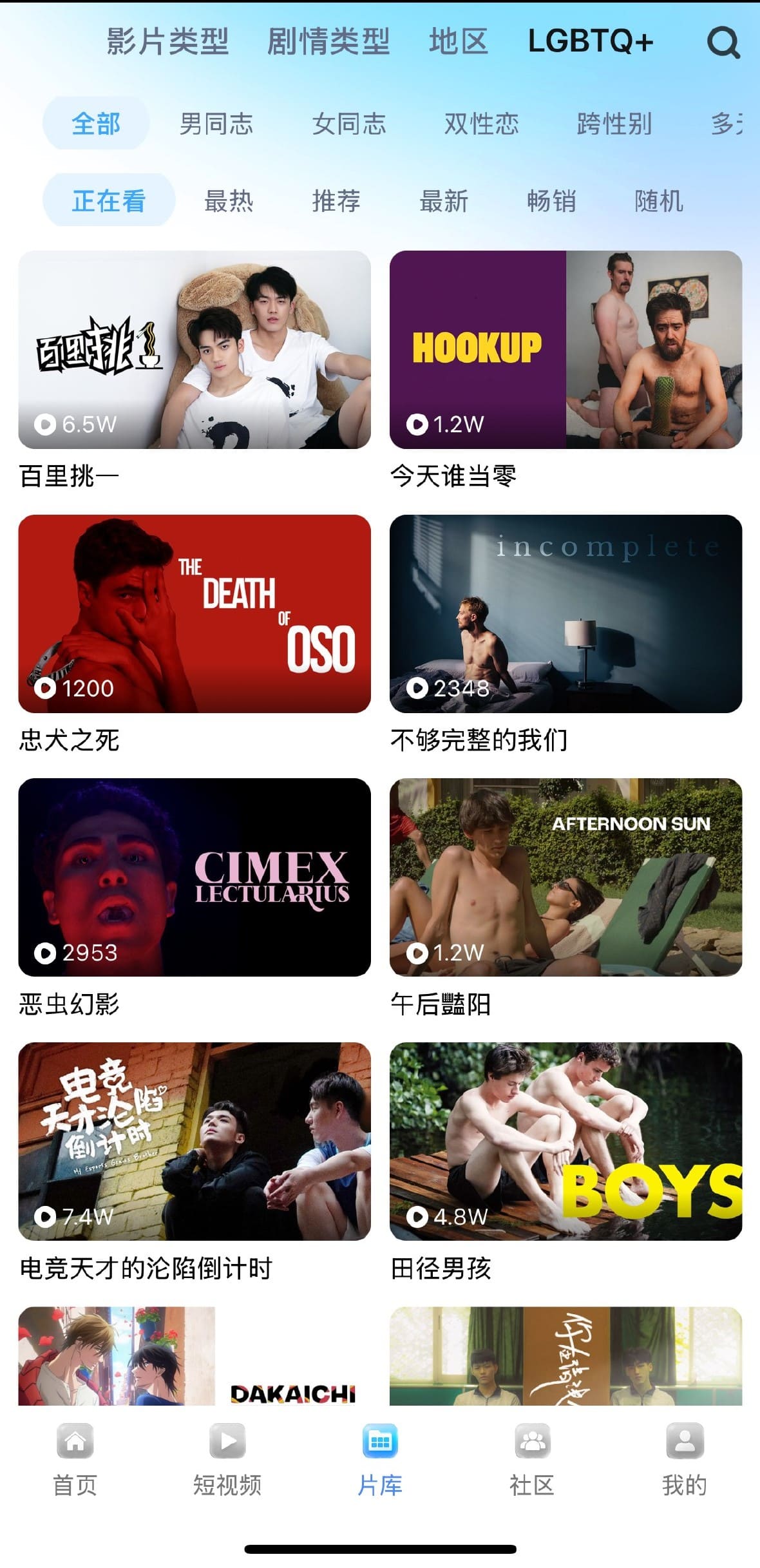 小蓝Blued片库LGBTQ分类影片浏览界面